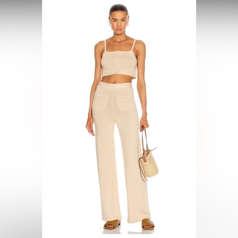 Joostricot solid pants + Linen Button down Crop Cami beige Sandstone